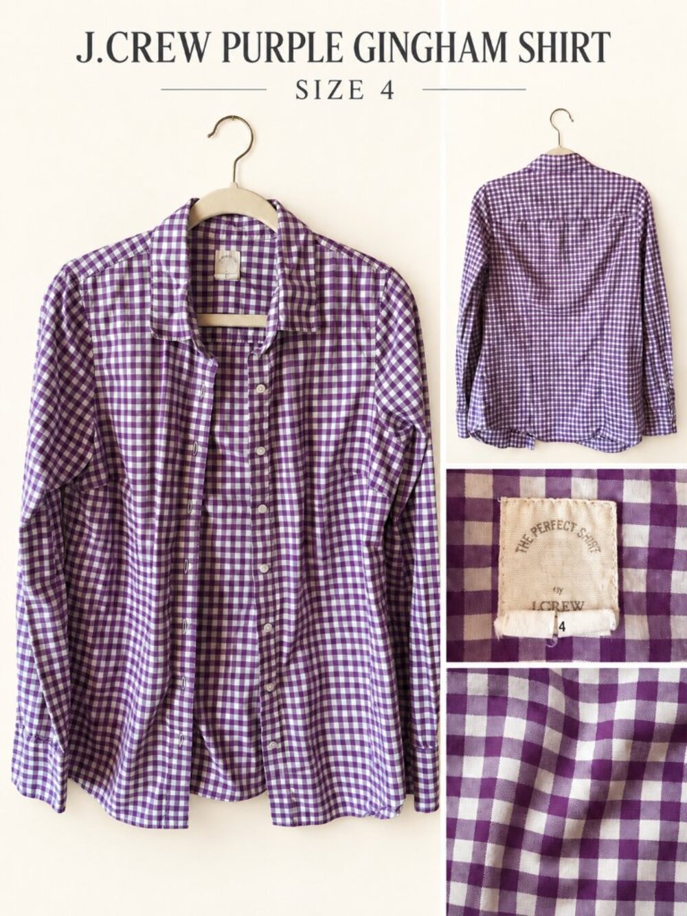 J.Crew "The Perfect Shirt" Purple & White Gingham Button-Down Shirt Size 4